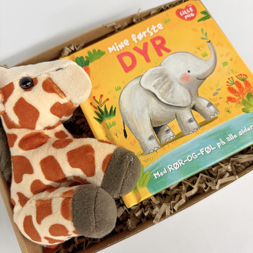 Gavekurv til baby med girafbamse og hyggelig børnebog