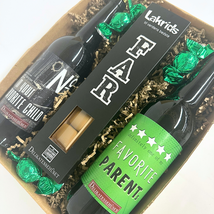 Gave til far | Grøn gave med far-øl og lakrids