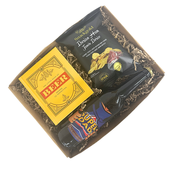 Fars dags gave med øl, super-dad, bog om øl samt chips