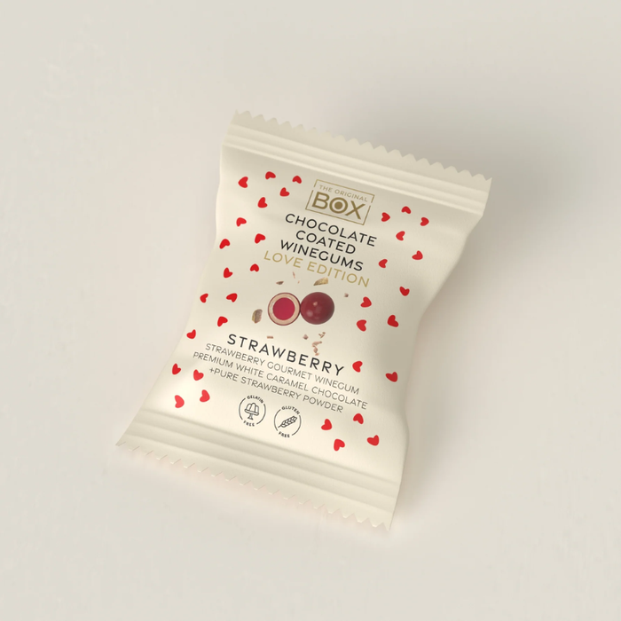 Vingummi med hvid chokolade og jordbær. Love Edition. Flowpack | Box t ...