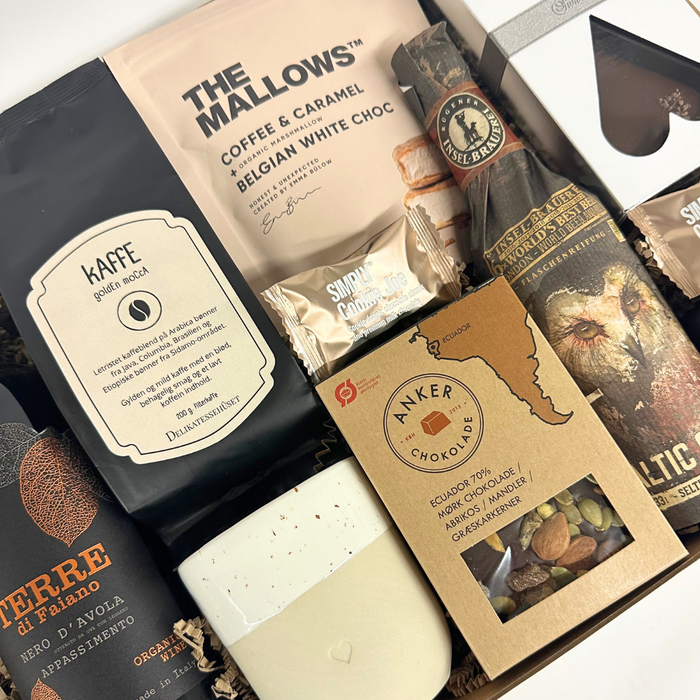 Eksklusiv gave med rødvin, kaffe og andre lækkerier