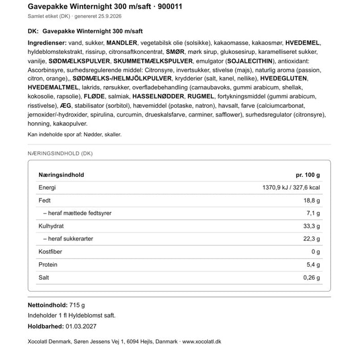 Varedeklaration – Julegave med hyldeblomstsaft og søde sager