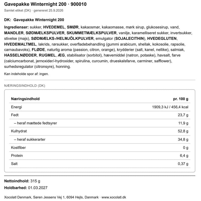 Varedeklaration – Gavepose med chokolade og julesmåkager