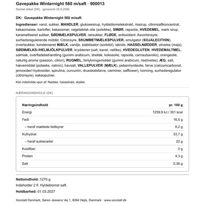 Varedeklaration – Julegave med chokolade og salte snacks