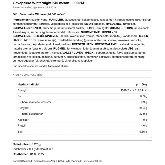 Varedeklaration – Julegave med chokoladebog og hyldeblomstsaft