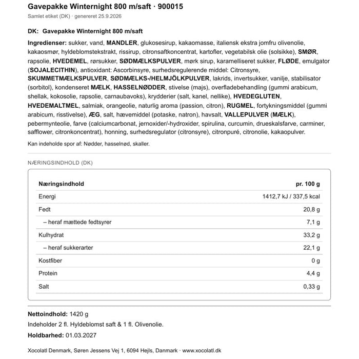 Varedeklaration – Julegave med olivenolie og søde specialiteter
