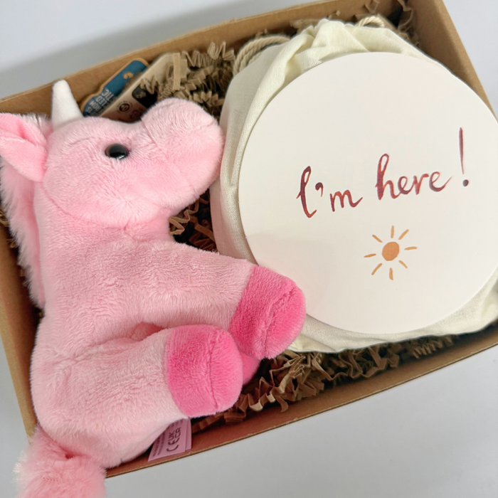 Gaveæske til nyfødt med enhjørning bamse og kort til babyens første øjeblikke