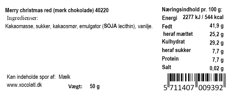 Chokoladeplade 'Merry Christmas' fra Xocolatl - Rød
