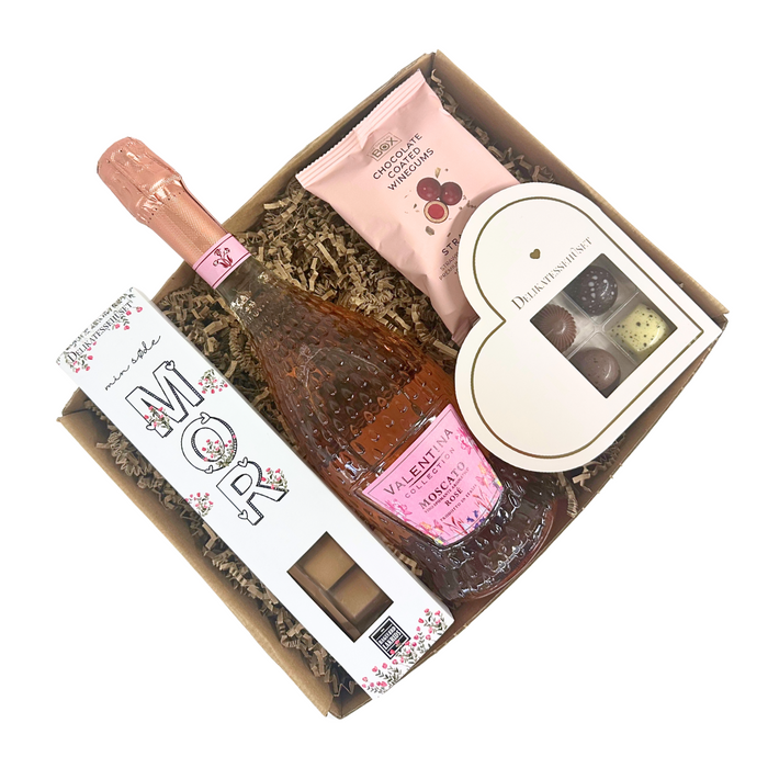 Fin mors dag gave med rose-bobler, lakrids og Chokolade