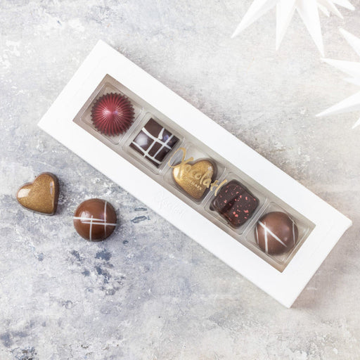 Fyldte julechokolader fra Xocolatl – fem stykker i gaveæske.