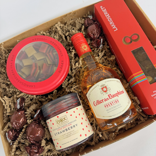 Gaveæske med rosévin og vingummi