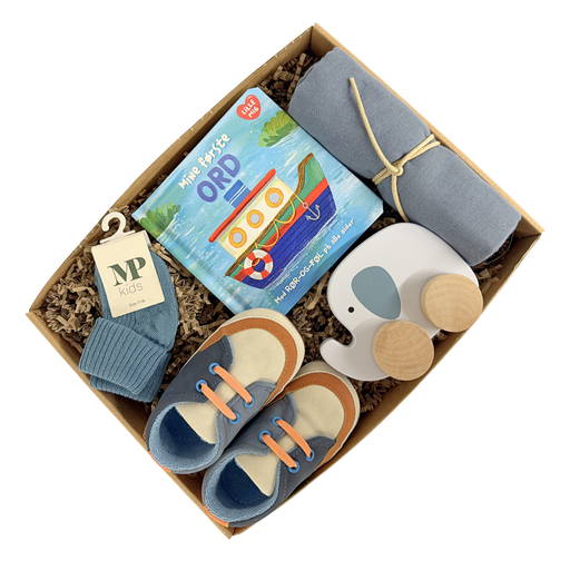 Baby gaveæske med babysko, bog, sokker og elefant legetøj