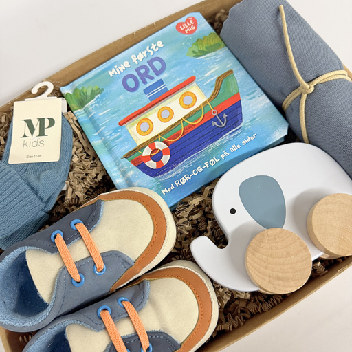 Barselsgave med babysko, børnebog og legetøj i gaveæske