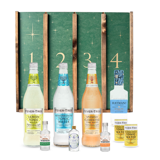 Adventskalender med Gin og tonic. Fire forskellige gin og fire forskellige Fever Tree tonics gemmer sig bag lågerne i denne fine adventskalender. 