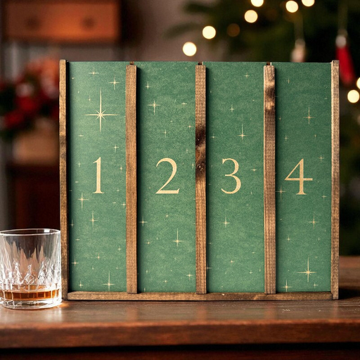 Adventskalender i flot trækasse med whisky.