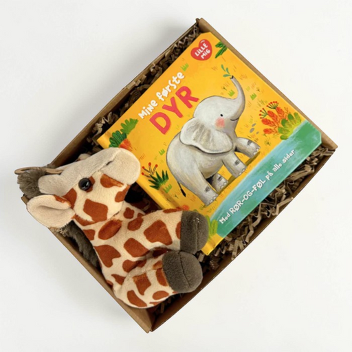 Fin barselsgave til baby med girafbamse og hyggelig børnebog