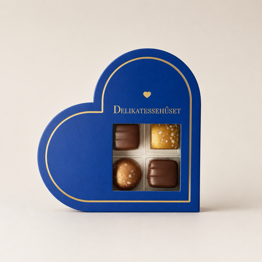 Blå hjertegaveæske med 4 fyldte chokolader
