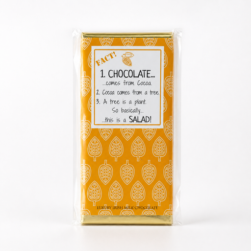 Orange chokoladebar med “Chocolate is a Salad”, belgisk mælkechokolade og sjovt fakta-design med kakaomotiv.