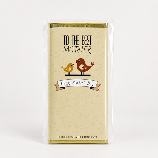 Mors dags-chokolade med “To the Best Mother”, belgisk mælkechokolade, fuglemotiv og elegant cremefarvet emballage.