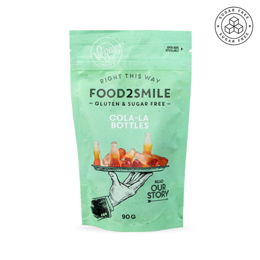 Veganske og sukkerfri cola-vingummier – bløde slikstykker med klassisk colasmag uden gluten, perfekt som en ansvarlig snack med masser af smag.