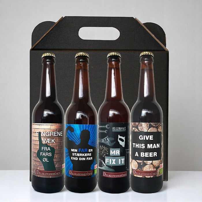Gaveæske med øl til Fars Dag. Den perfekte gave til fars dag d. 5. juni med fire danske specialøl med fede designs. Dansk økologisk øl fra danske mikrobryggerier