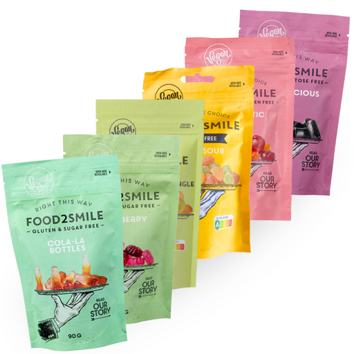 Sampak med 3 poser sukkerfrit slik – vælg mellem frugt, cola, lakrids, surt eller mandarin-æble. Vegansk, glutenfri og perfekt til gave, hygge eller selvforkælelse.