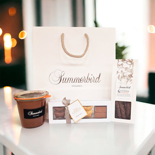 Gavepose fra Summerbird med tre udsøgte chokoladeprodukter