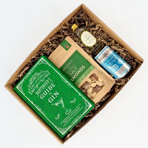 Flot gaveæske med lille gin, tonicvand, salte mandler og bog om 'Guide to GIN'