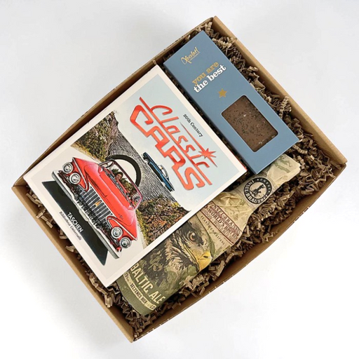 Gaveæske med bog om Classic Cars, chokolade og tysk specialøl