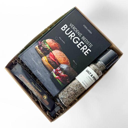 Gaveæske til en der elsker burgere. Gaven indeholder bog med "Verdens bedste burgere", salt fra Nicolas Vahe og lakridsstang
