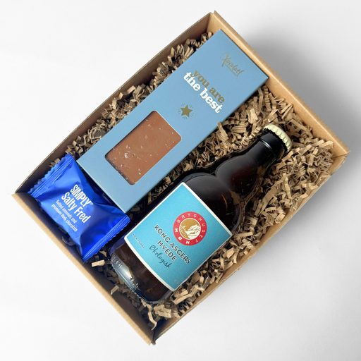 Gave til far med Kong Asgers Hvede fra Møn Bryghus, You are the best-chokolade fra Xocolatl og Salty Fred Bite.