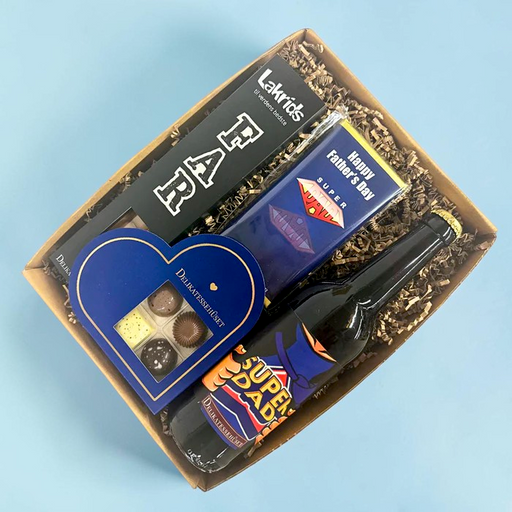 Gave til Fars Dag med 'SUPERDAD special øl, chokolade, lakrids til verdens bedste far og belgisk budskabschokolade.