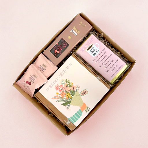 Morsdaggave i æske med chokolade og blomsterbombe