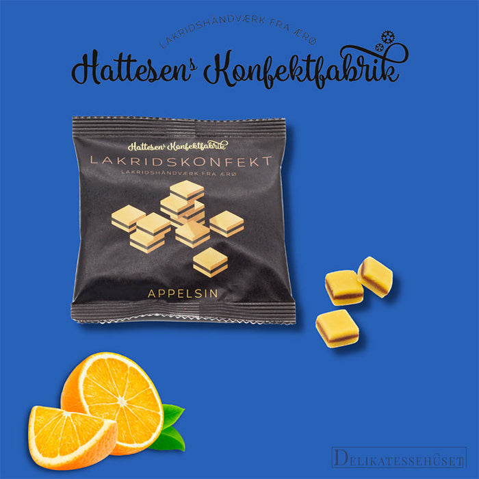 Hattesen Konfektfabrik pose med lakridskonfekt med appelsin