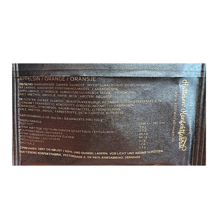 Lille pose med appelsin-lakridskonfekt fra Hattesen's Konfektfabrik