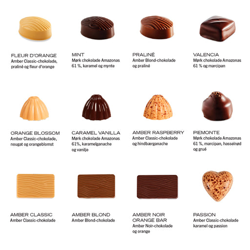 Summerbird julekalender med økologisk mørk- og Amber chokolade, fyldte stykker og små barer.