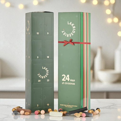 Eksklusiv julekalender fra Lakridseriet – stor kalender fyldt med forskellige lakridser, lakridsmandler og lakridsdragéer til juledagene.	