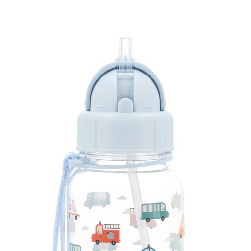 Sød og praktisk vandflaske med biler, busser og helikoptere.