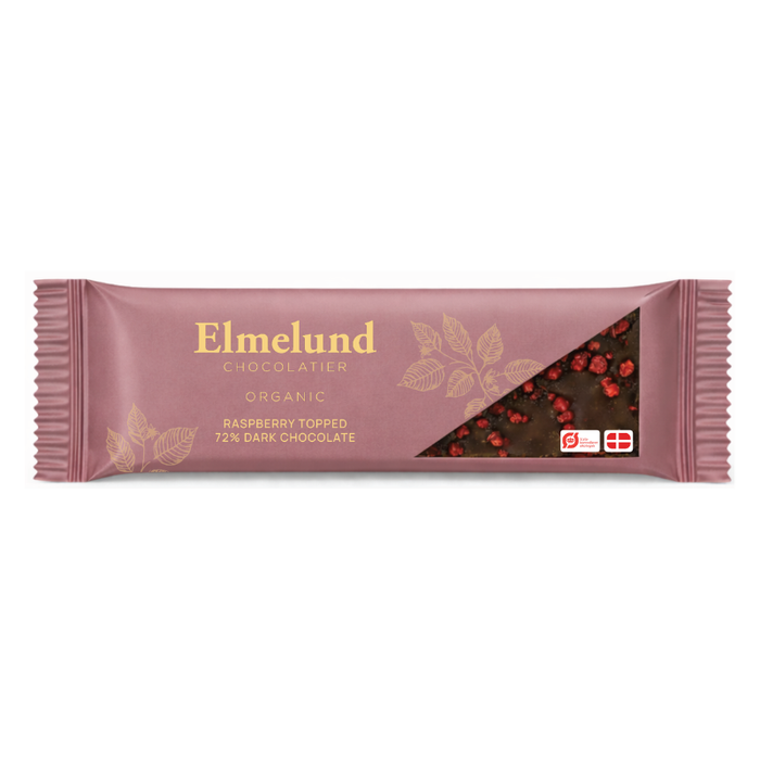 Elmelund økologisk mørk 72 procent chokolade med hindbær 20 g