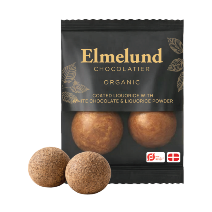 Elmelund flowpack med to økologiske lakridskugler og lakridspulver