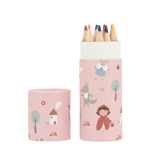 Rør med 12 farveblyanter i lyserød med rødhætte tema.