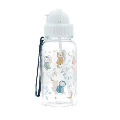 Sød plastikflaske m. sugerør i blå farver m. ugler og måner.
