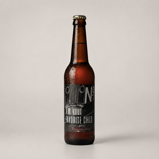 Specialøl med mørk label og sjov tekst “I’m your Favorite Child”.