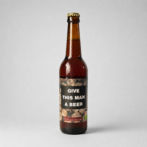 Specialøl med mørkt label og teksten “Give this man a beer” på lys grå baggrund.