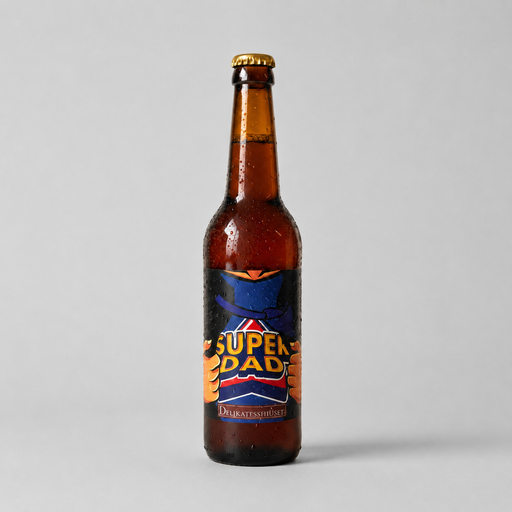 Specialøl med farverigt superhelte-label og teksten “Super Dad”.