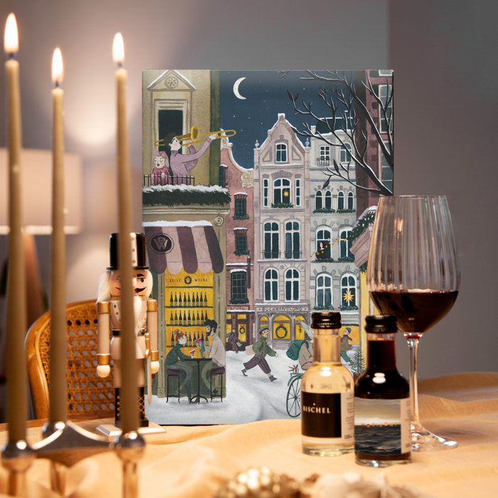 Julekalender med 24 små flasker rødvin, hvidvin og rosevin