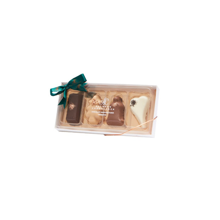 Petit Four med 4 marcipanfigurer Grøn sløjfe fra Aalborg Chokoladen