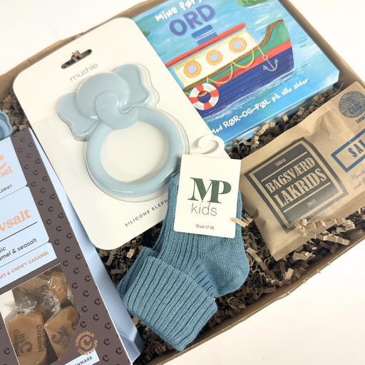 Flot og blå gaveløsning med blå sager og elefant bidering til baby