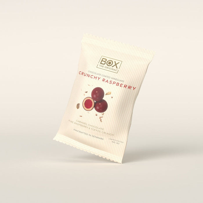 Crunchy Raspberry 70 g fra Box The Original – pose med chokoladeovertrukket vingummi