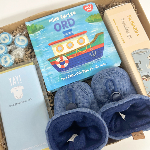 Fin blå barselsgave med bog om ord og legetøj til baby